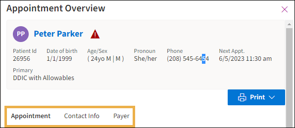 Appointment Overview with a yellow highlight box around the Appointment, Contact Info, and Payer tabs.